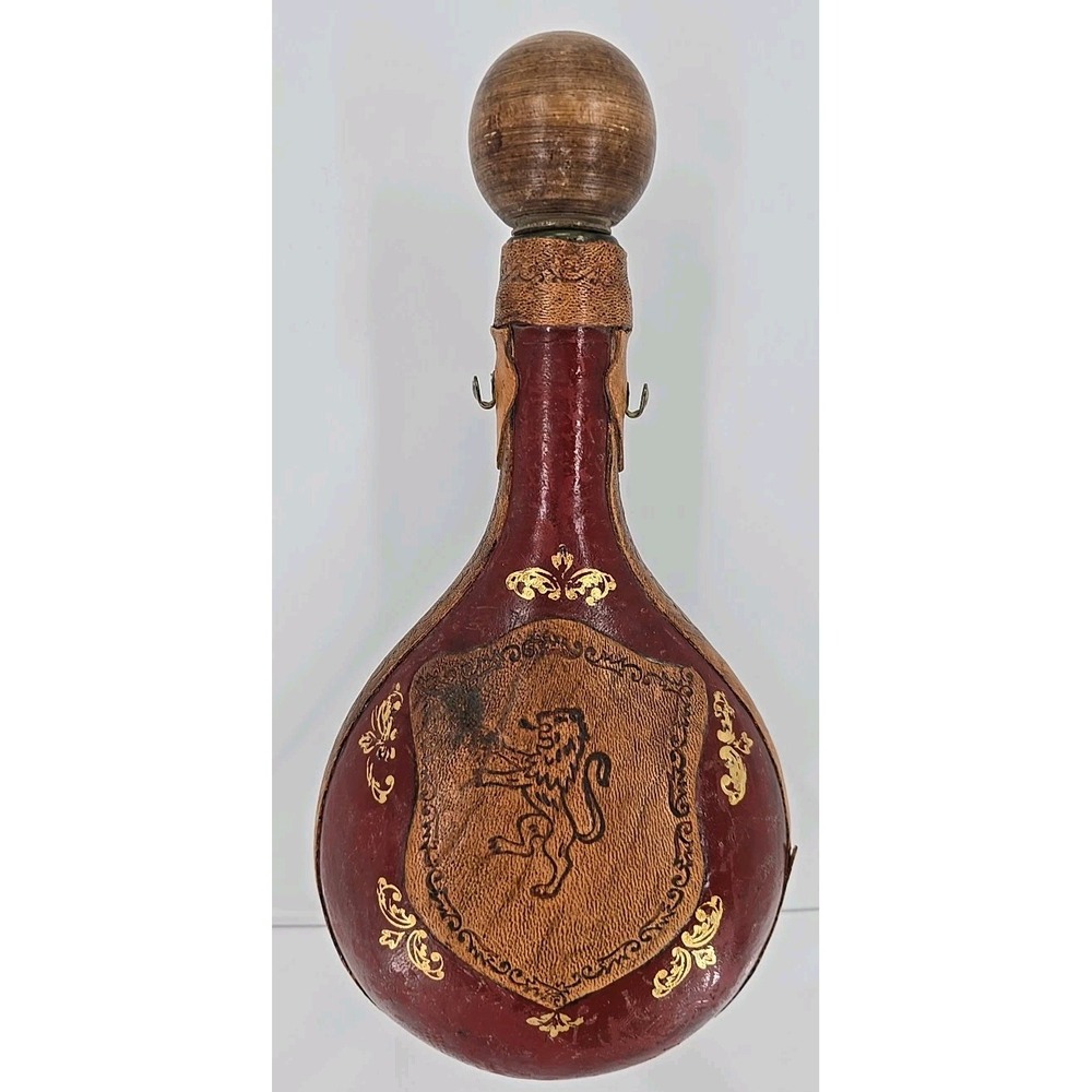 Vintage Italy Leather Wrapped Decanter Wine Bottle Shield Crest Lion 13"